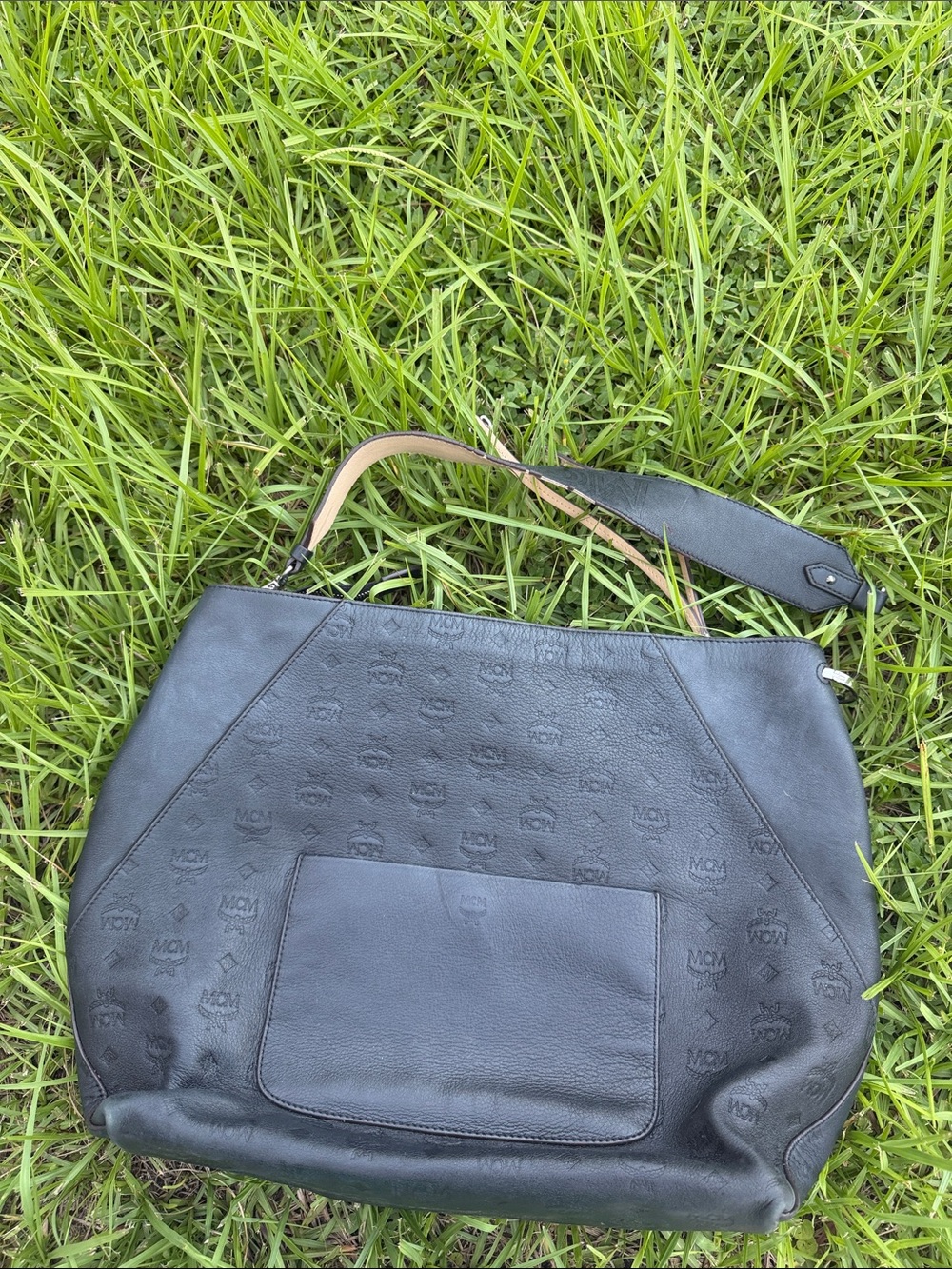 MCM Black Embossed Leather Shoulder Bag with Tan Trim